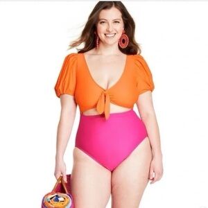 Tabitha Brown x Target Orange Pink One Piece Puff Sleeve Swimsuit & Sarong Set